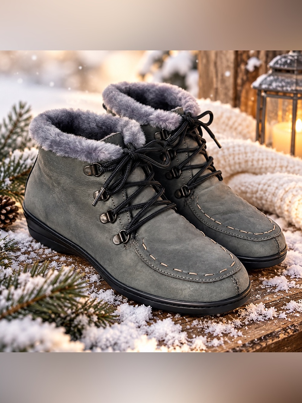 La Plume Gray Leather Fur Lined Lace Up Winter Boots EU 37 US 6.5-7 Comfort Ital